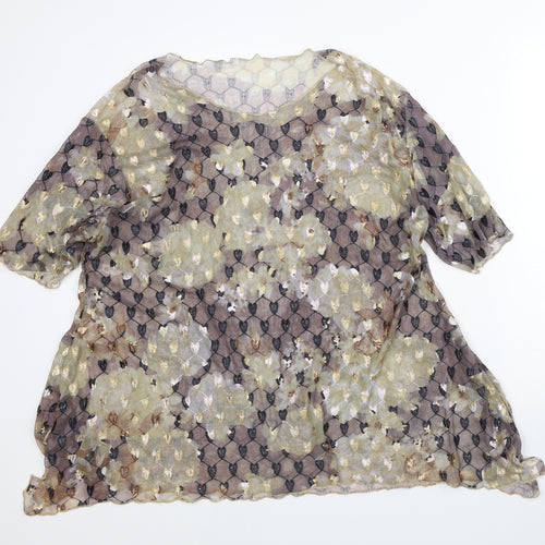 Preworn Womens Brown Geometric Polyester Tunic T-Shirt Size L Round Neck - Sheer