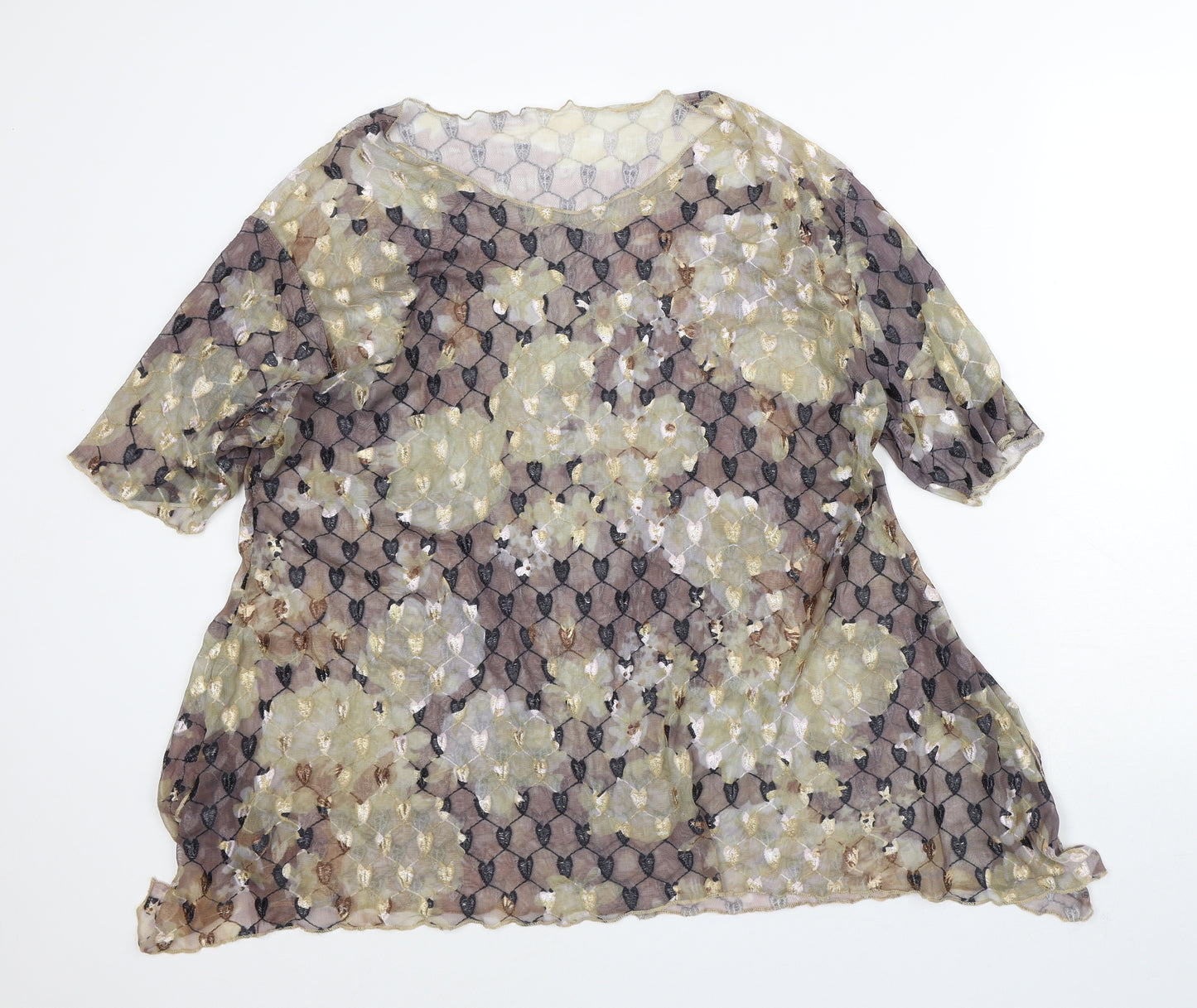 Preworn Womens Brown Geometric Polyester Tunic T-Shirt Size L Round Neck - Sheer