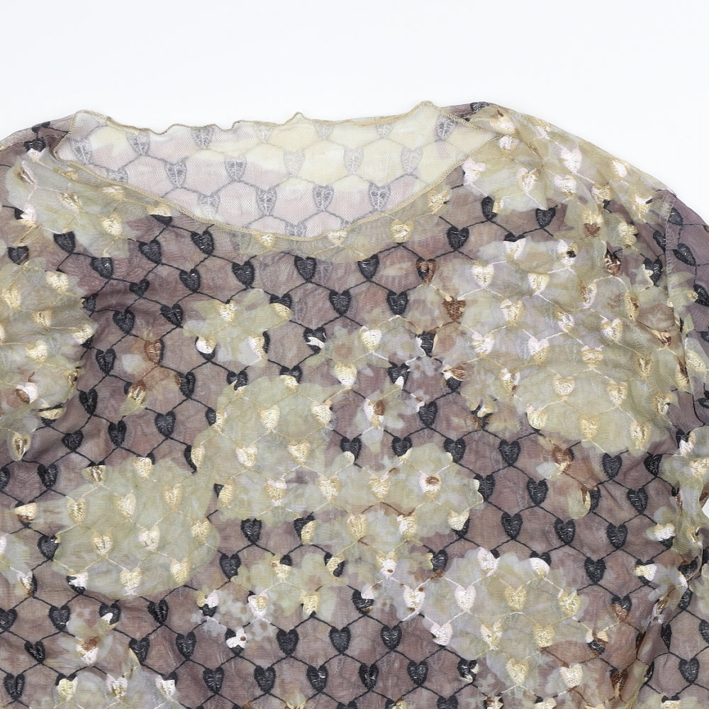 Preworn Womens Brown Geometric Polyester Tunic T-Shirt Size L Round Neck - Sheer