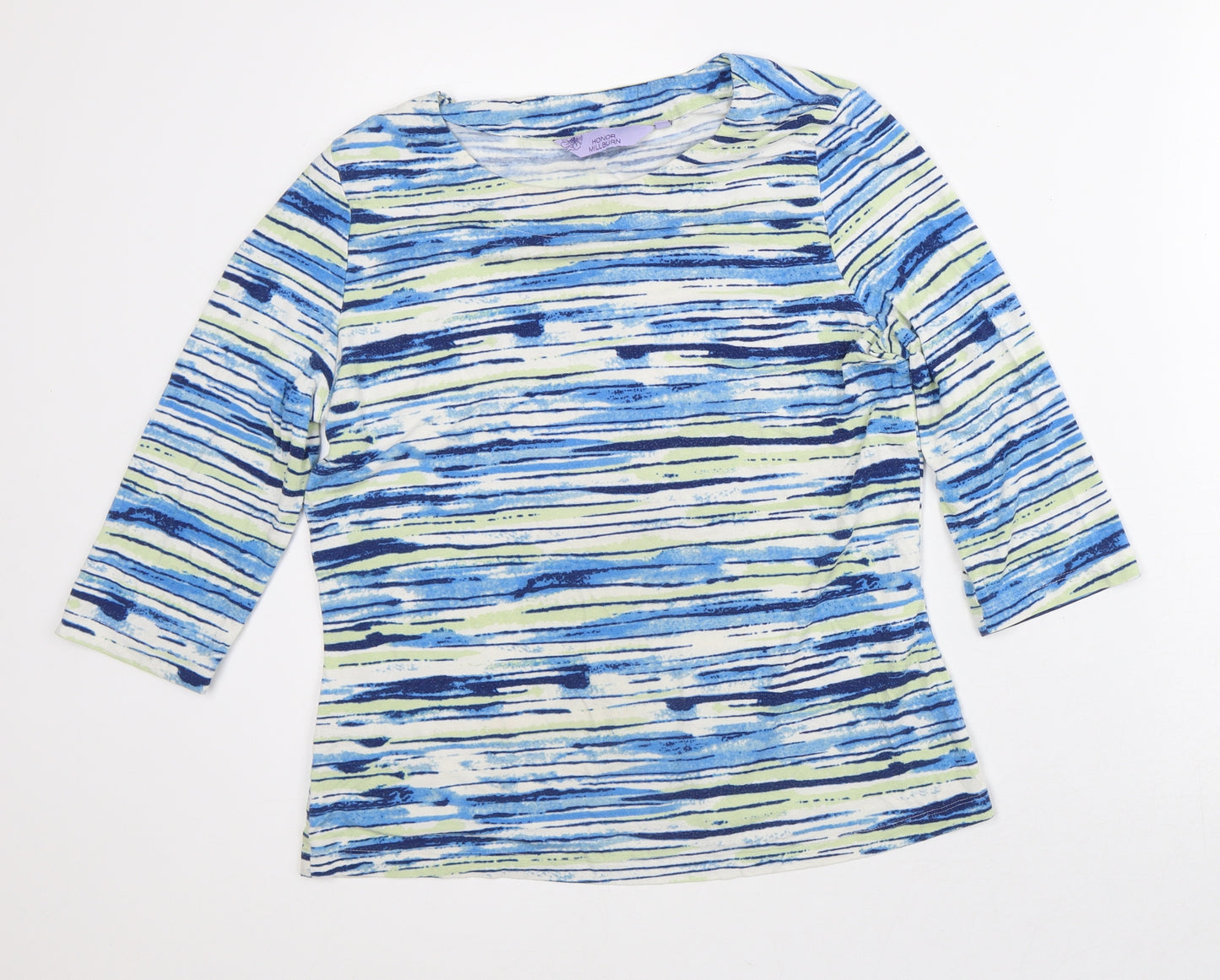 Honor Millburn Womens Blue Striped Viscose Basic T-Shirt Size 10 Round Neck