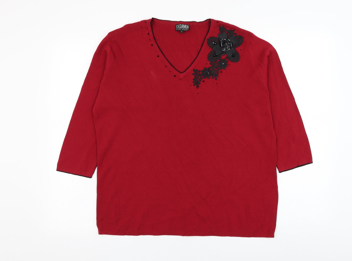 Casamia Exclusive Womens Red V-Neck  Viscose Pullover Jumper Size L   - Flower