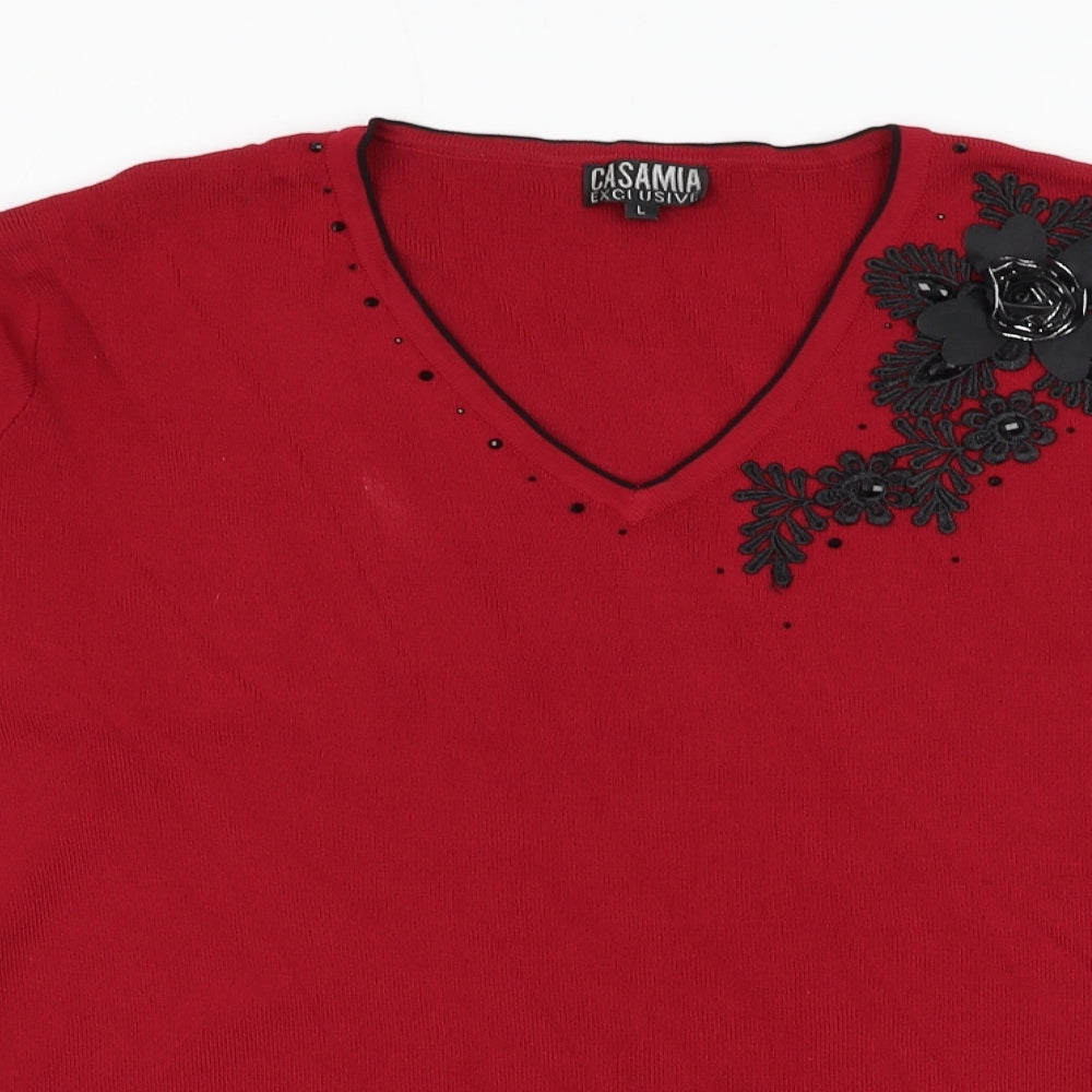 Casamia Exclusive Womens Red V-Neck  Viscose Pullover Jumper Size L   - Flower