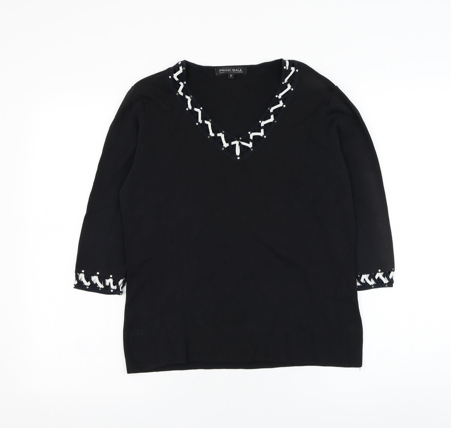 Frank Saul Womens Black V-Neck  Polyester Pullover Jumper Size M