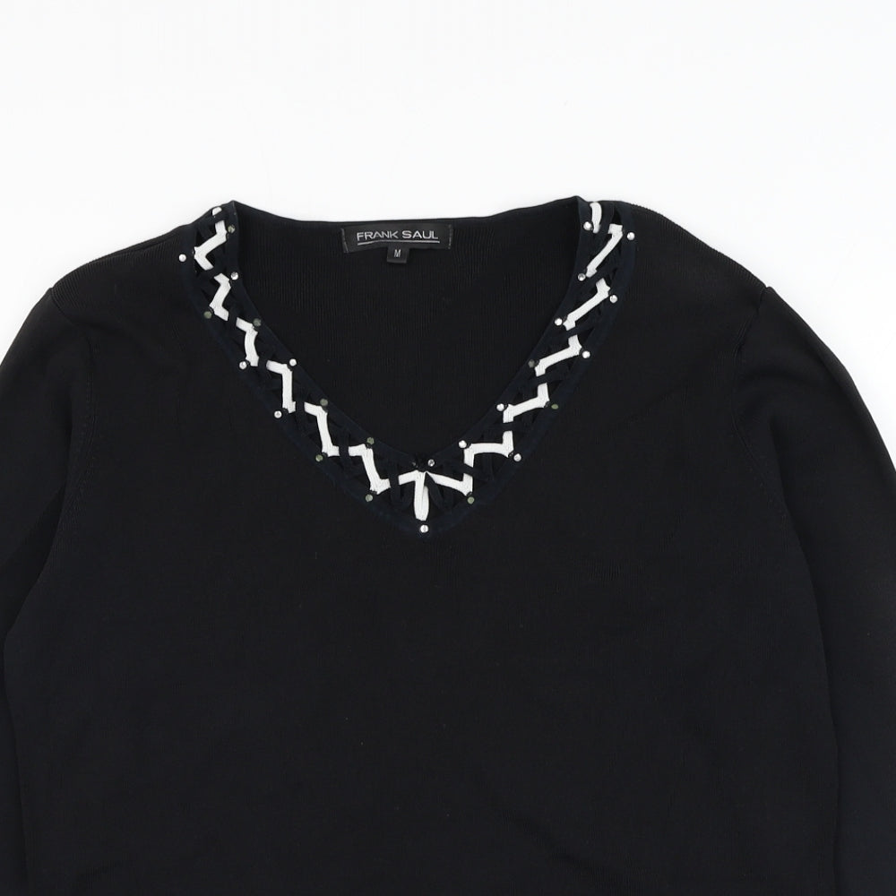 Frank Saul Womens Black V-Neck  Polyester Pullover Jumper Size M