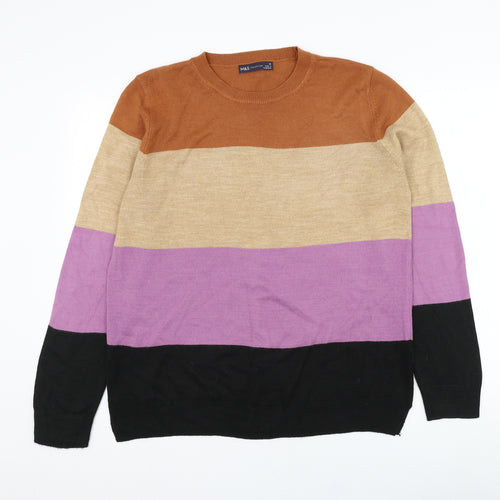 Marks and Spencer Womens Brown Round Neck Striped Acrylic Pullover Jumper Size 10