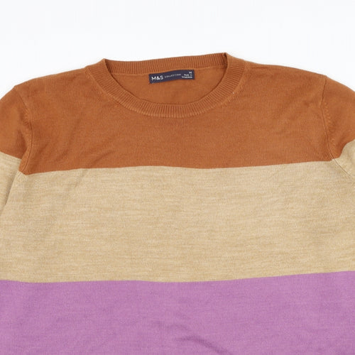 Marks and Spencer Womens Brown Round Neck Striped Acrylic Pullover Jumper Size 10