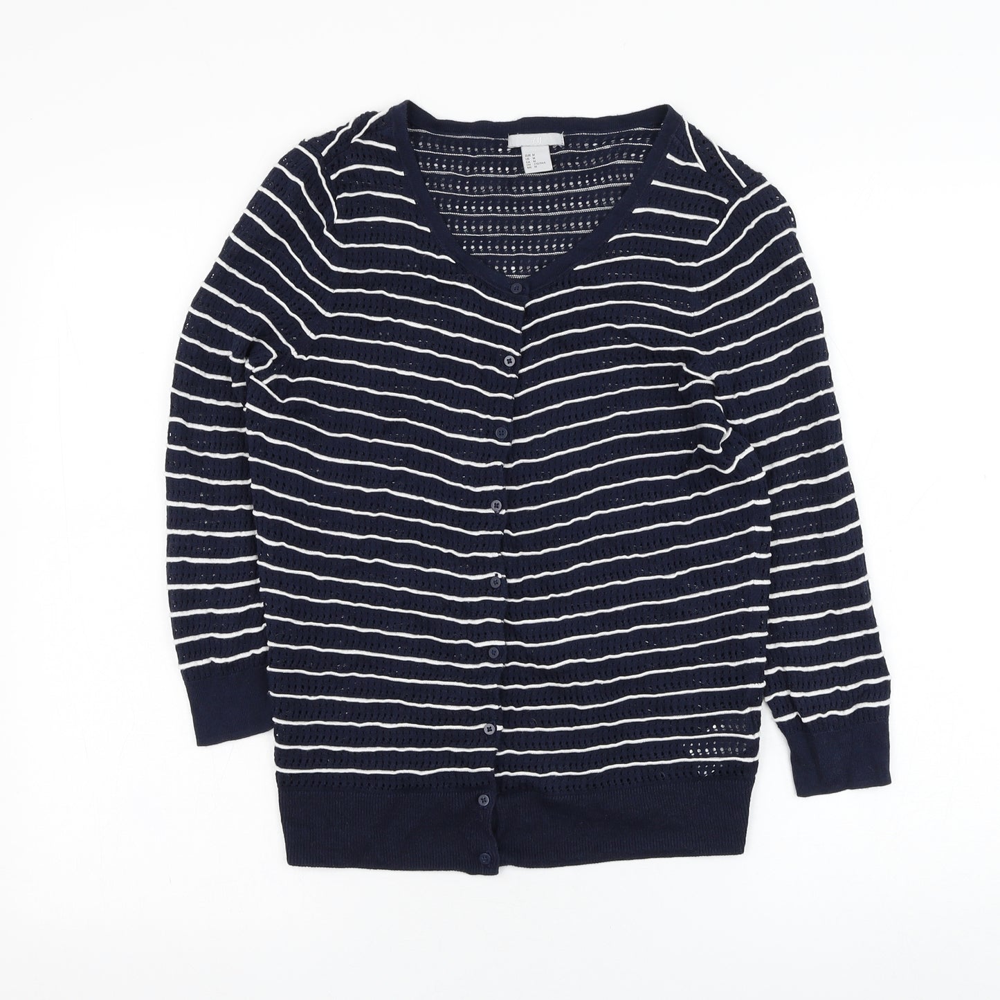 H&M Womens Blue Round Neck Striped Cotton Cardigan Jumper Size M