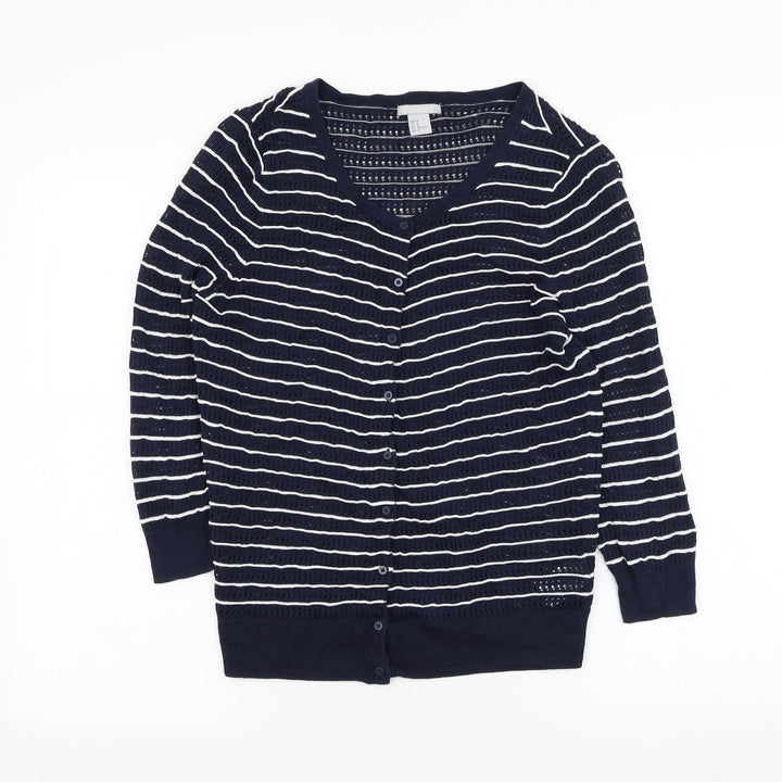 H&M Womens Blue Round Neck Striped Cotton Cardigan Jumper Size M