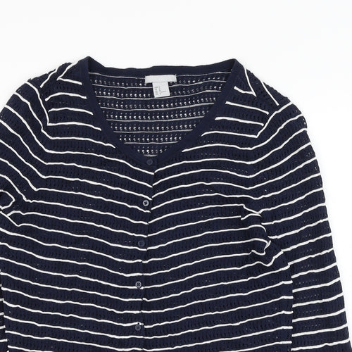 H&M Womens Blue Round Neck Striped Cotton Cardigan Jumper Size M