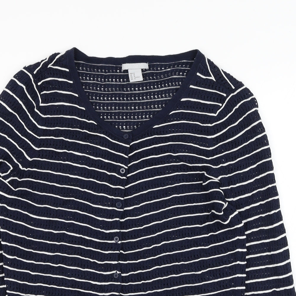 H&M Womens Blue Round Neck Striped Cotton Cardigan Jumper Size M