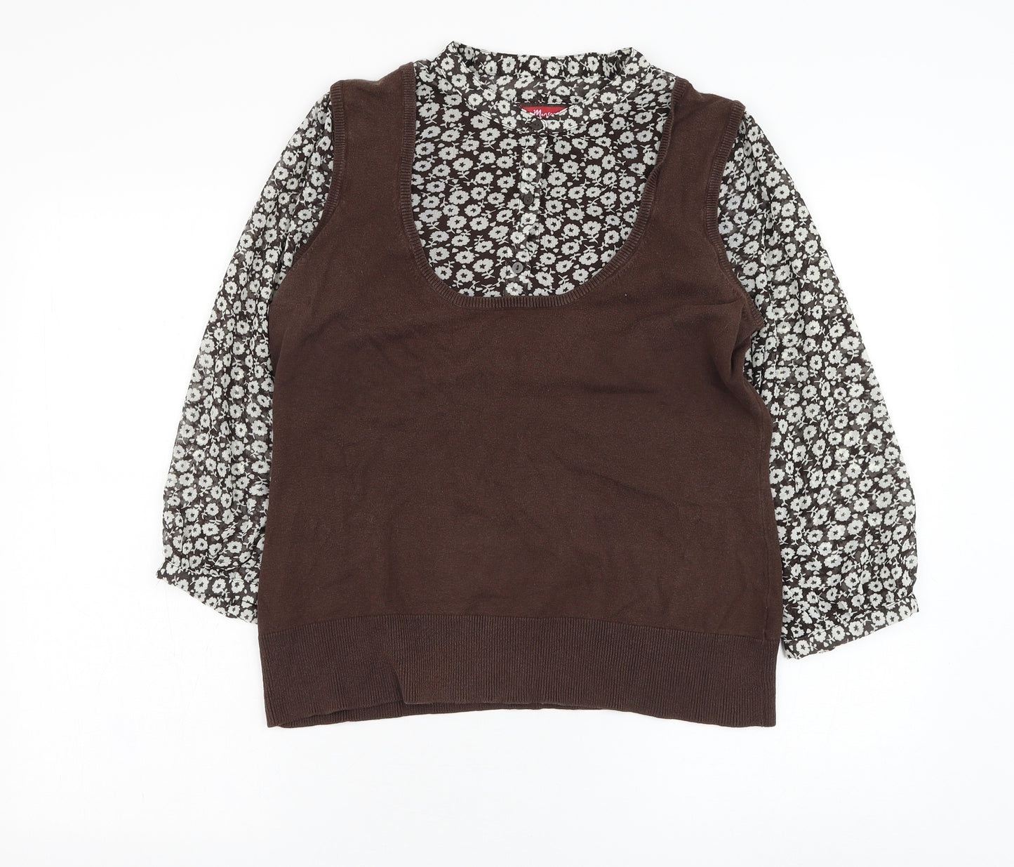 Monsoon Womens Brown Floral Cotton Basic Blouse Size 16 Round Neck