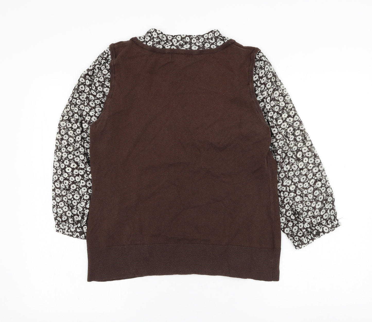 Monsoon Womens Brown Floral Cotton Basic Blouse Size 16 Round Neck