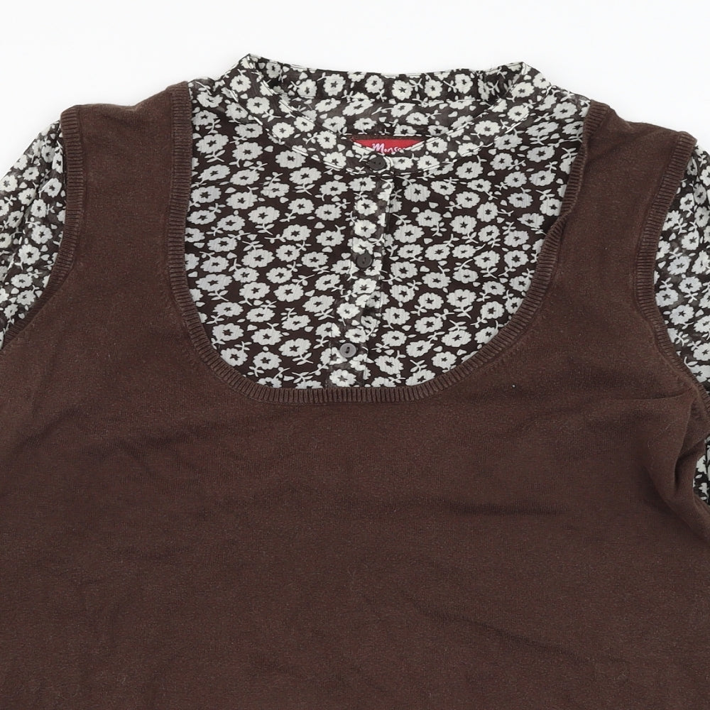 Monsoon Womens Brown Floral Cotton Basic Blouse Size 16 Round Neck