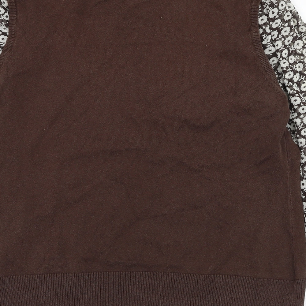 Monsoon Womens Brown Floral Cotton Basic Blouse Size 16 Round Neck