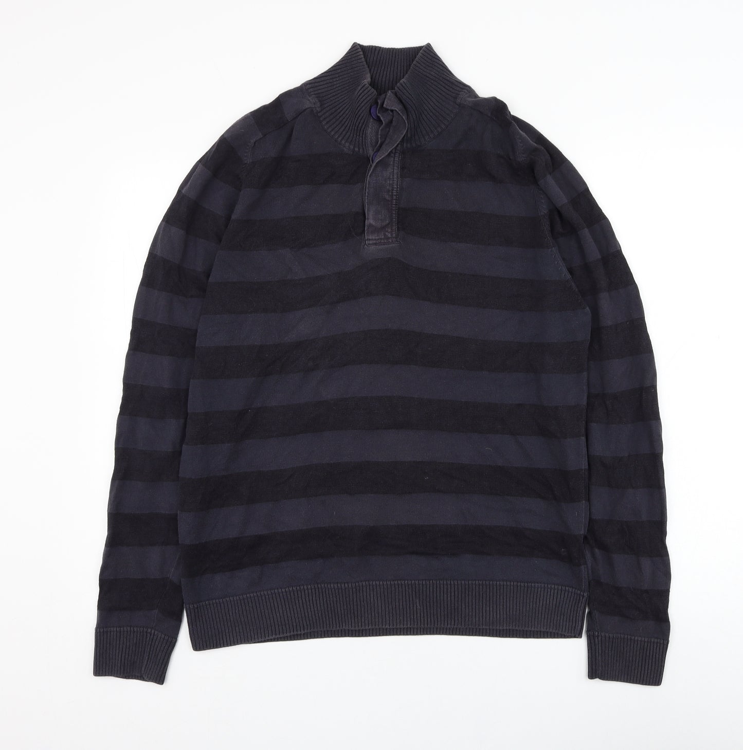 Marks and Spencer Mens Blue Mock Neck Striped Cotton Henley Jumper Size M