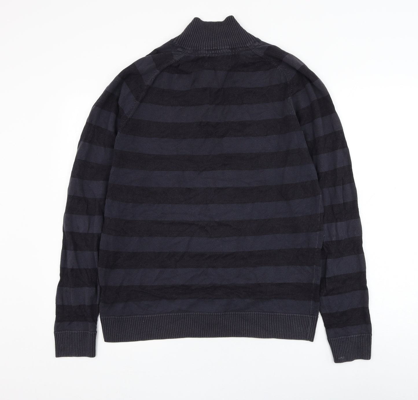 Marks and Spencer Mens Blue Mock Neck Striped Cotton Henley Jumper Size M