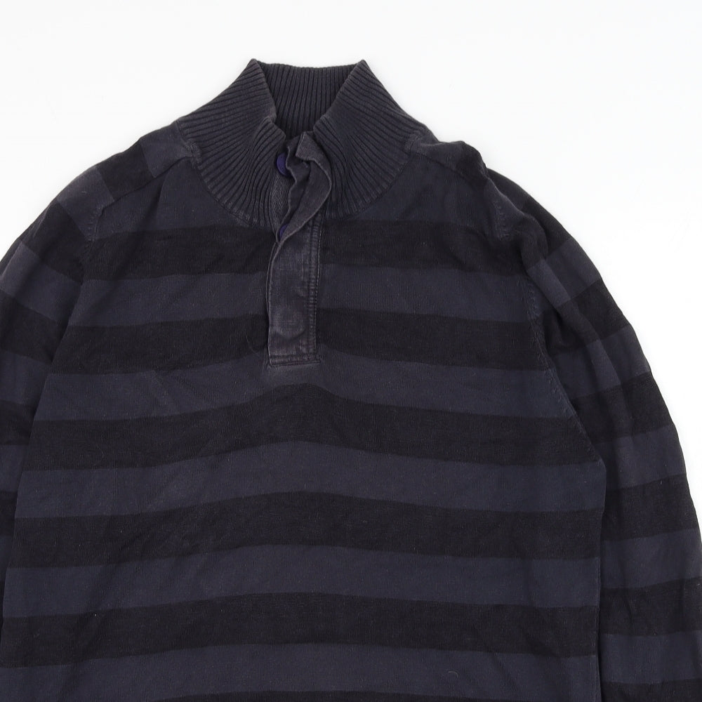 Marks and Spencer Mens Blue Mock Neck Striped Cotton Henley Jumper Size M
