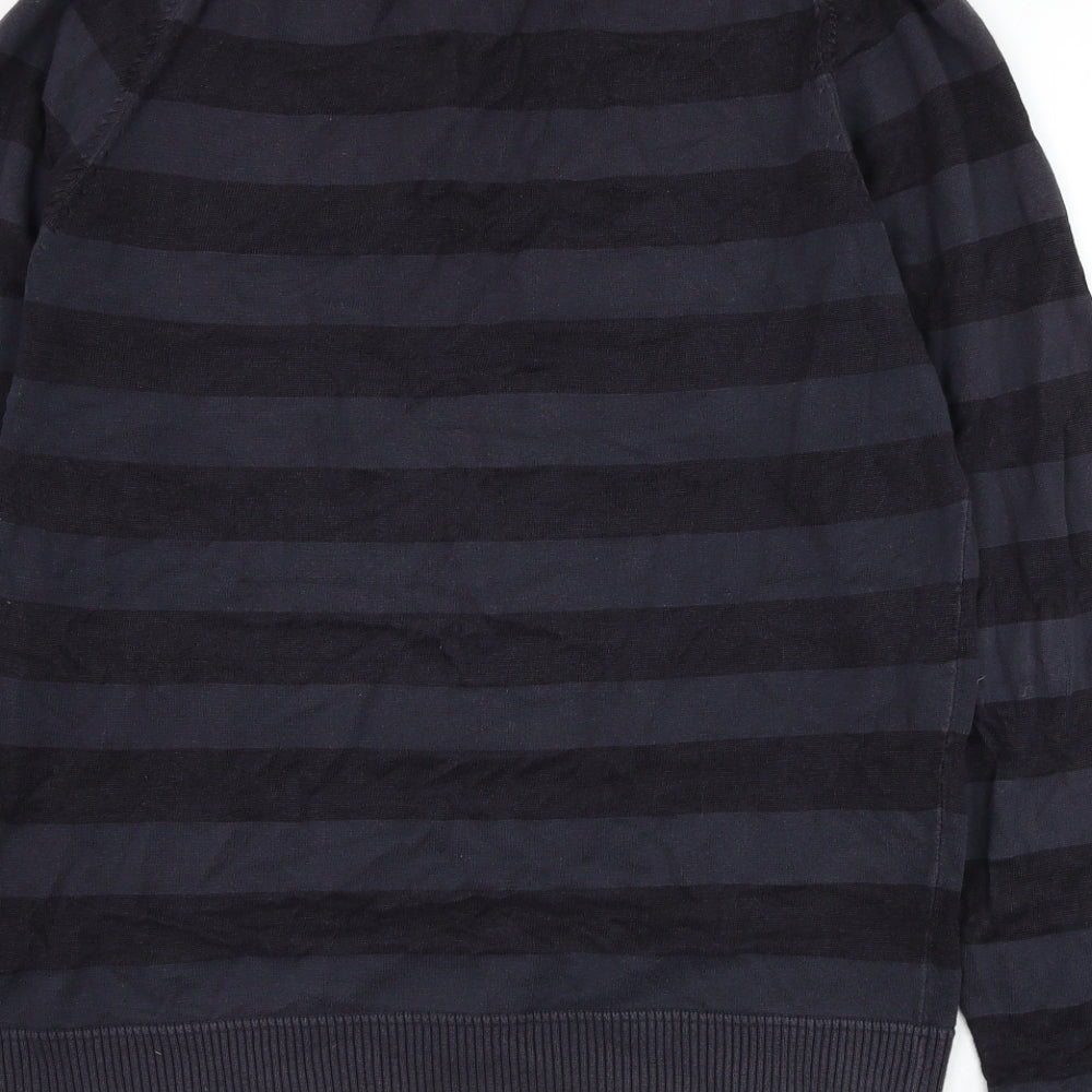 Marks and Spencer Mens Blue Mock Neck Striped Cotton Henley Jumper Size M