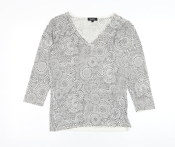 Papaya Womens White V-Neck Geometric Viscose Pullover Jumper Size 12