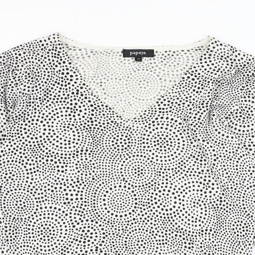 Papaya Womens White V-Neck Geometric Viscose Pullover Jumper Size 12