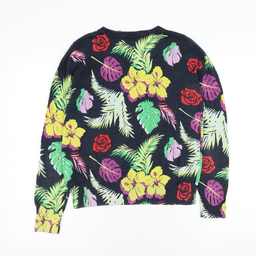 J.Won Womens Blue Round Neck Floral Cotton Pullover Jumper Size S