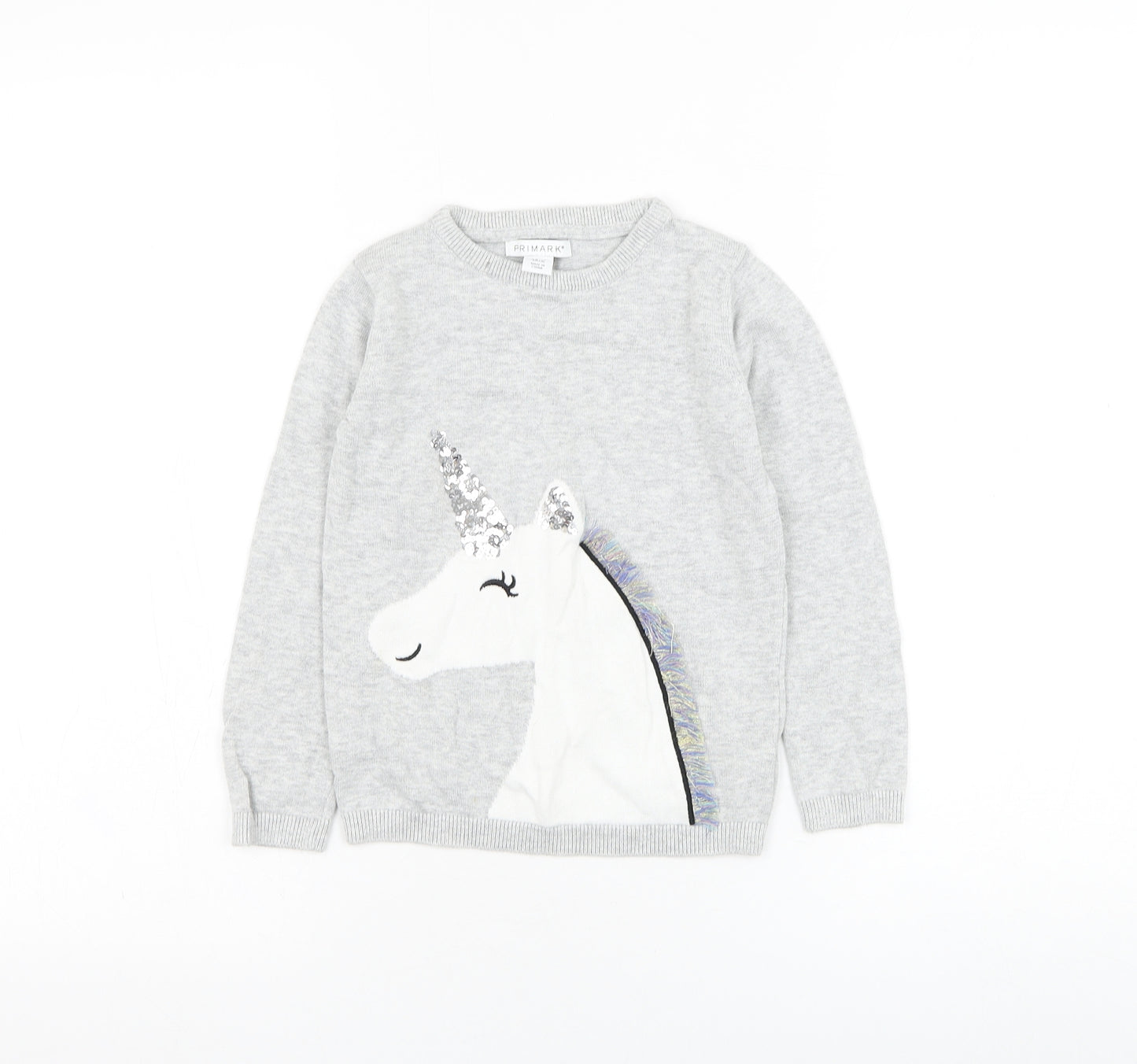 Primark Girls Grey Round Neck  Cotton Pullover Jumper Size 5-6 Years  Pullover - Unicorn