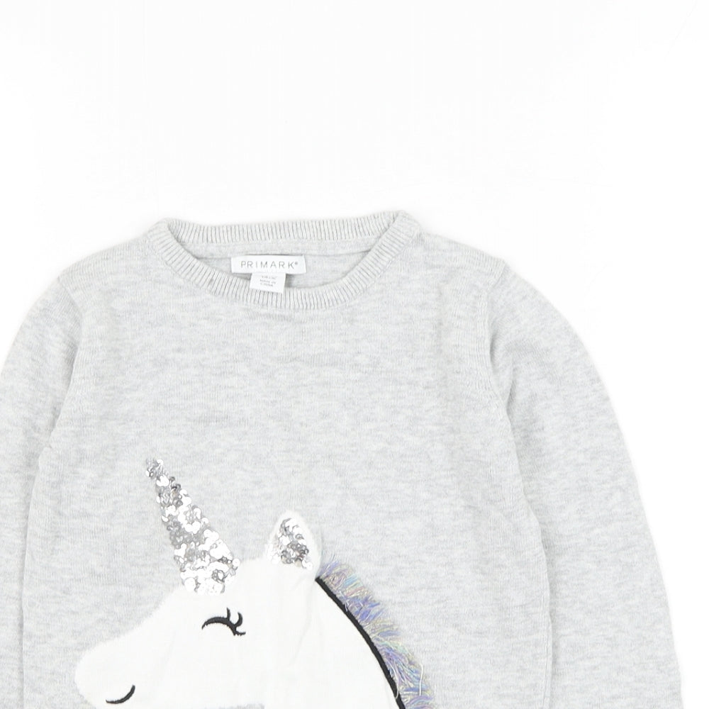 Primark Girls Grey Round Neck  Cotton Pullover Jumper Size 5-6 Years  Pullover - Unicorn