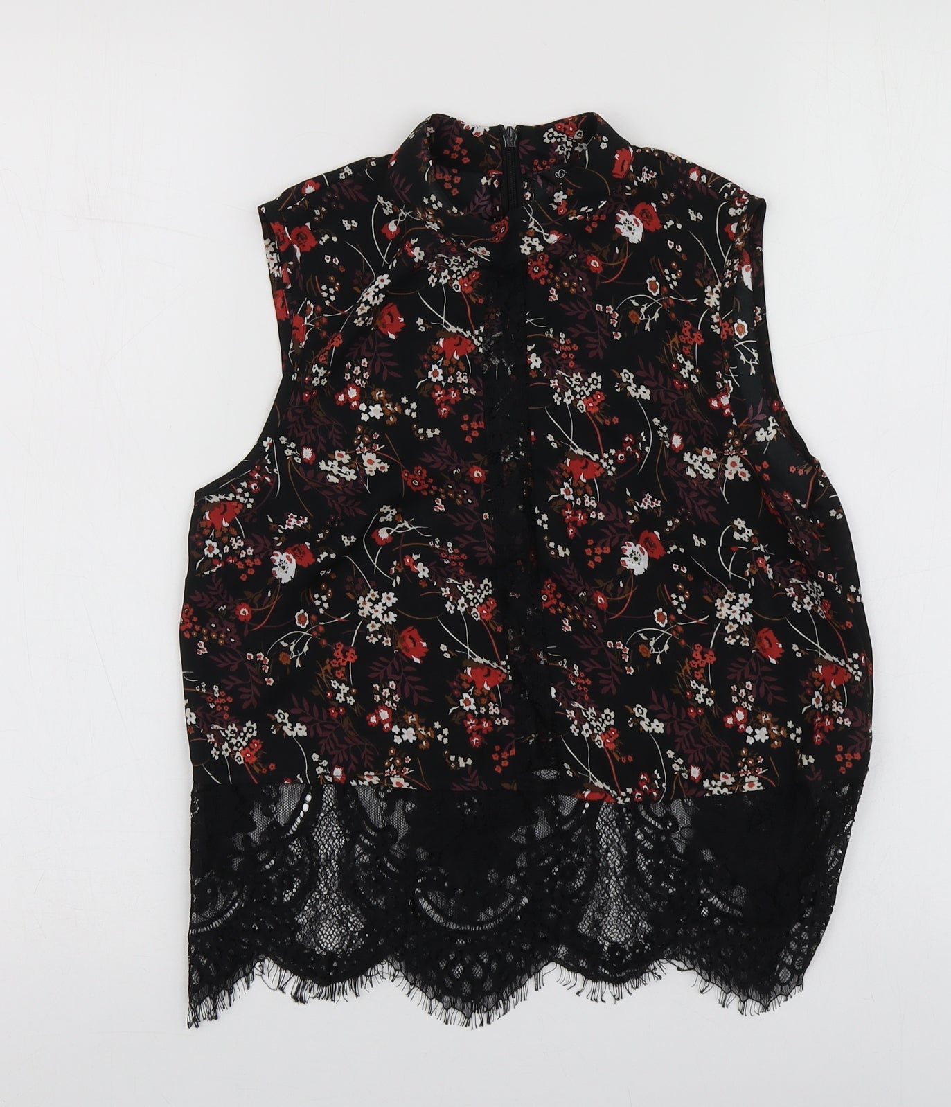 Miss Selfridge Womens Black Floral Polyester Basic T-Shirt Size 8 Round Neck