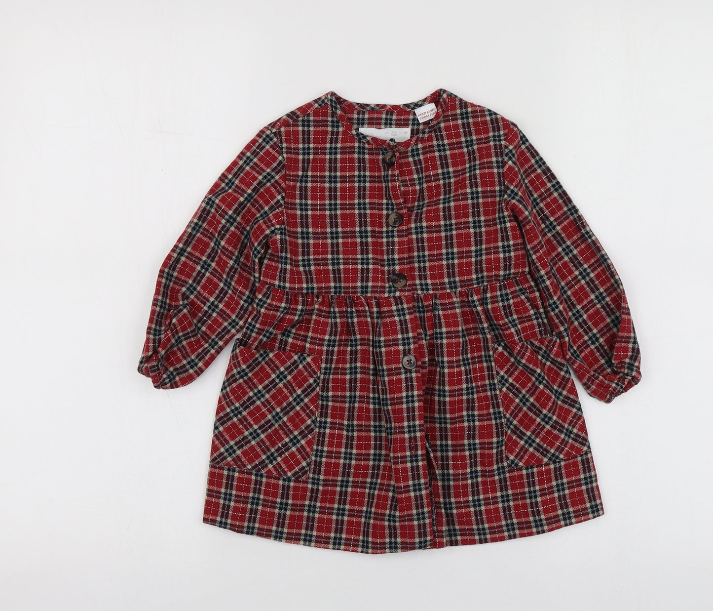 Zara Girls Red Plaid Cotton Skater Dress  Size 2-3 Years  Round Neck