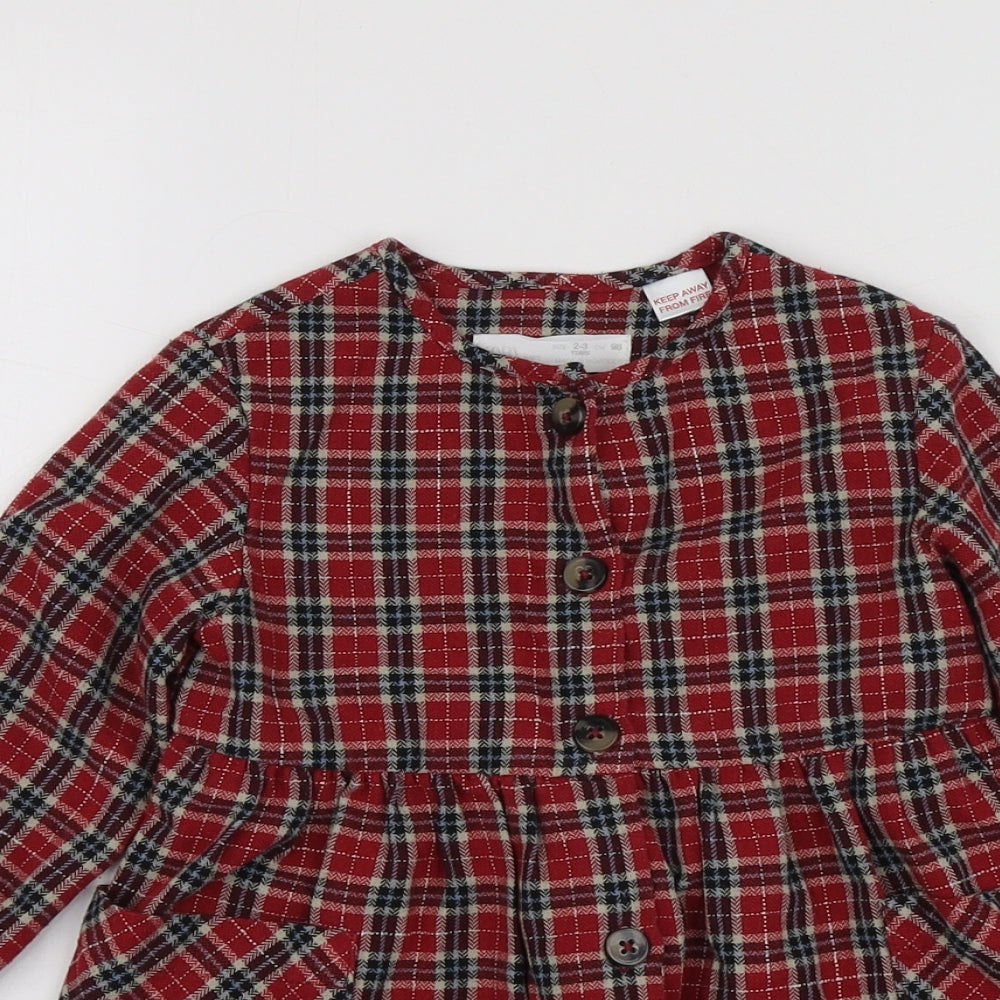 Zara Girls Red Plaid Cotton Skater Dress  Size 2-3 Years  Round Neck