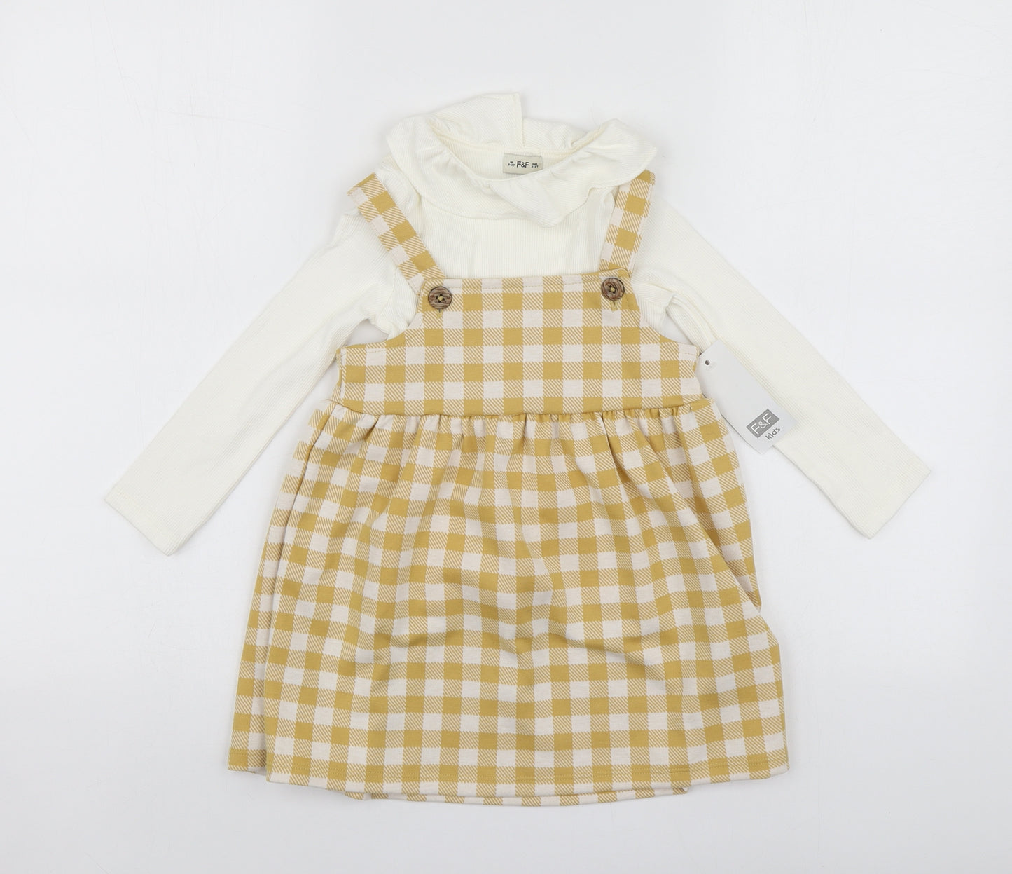 F&F Girls Yellow Check Cotton Pinafore/Dungaree Dress  Size 2-3 Years  Square Neck