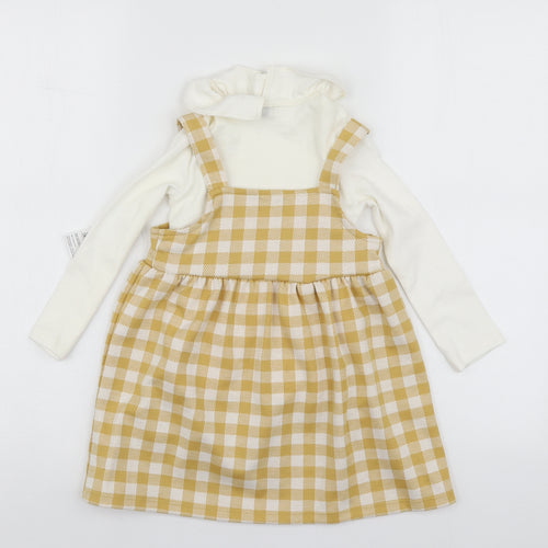 F&F Girls Yellow Check Cotton Pinafore/Dungaree Dress  Size 2-3 Years  Square Neck