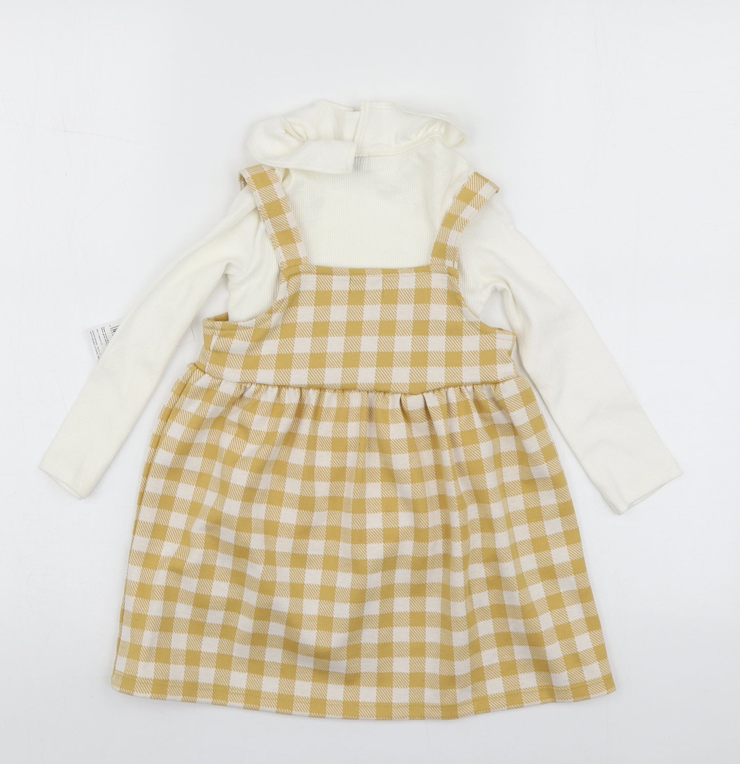 F&F Girls Yellow Check Cotton Pinafore/Dungaree Dress  Size 2-3 Years  Square Neck