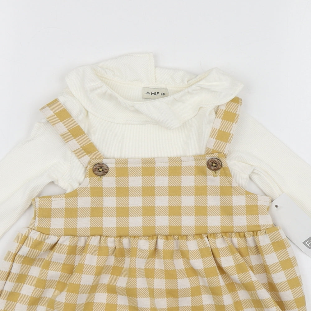 F&F Girls Yellow Check Cotton Pinafore/Dungaree Dress  Size 2-3 Years  Square Neck