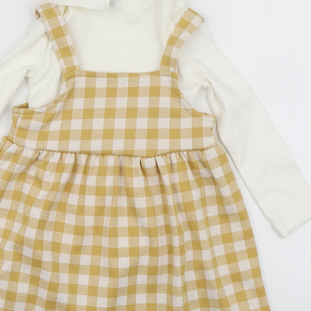 F&F Girls Yellow Check Cotton Pinafore/Dungaree Dress  Size 2-3 Years  Square Neck