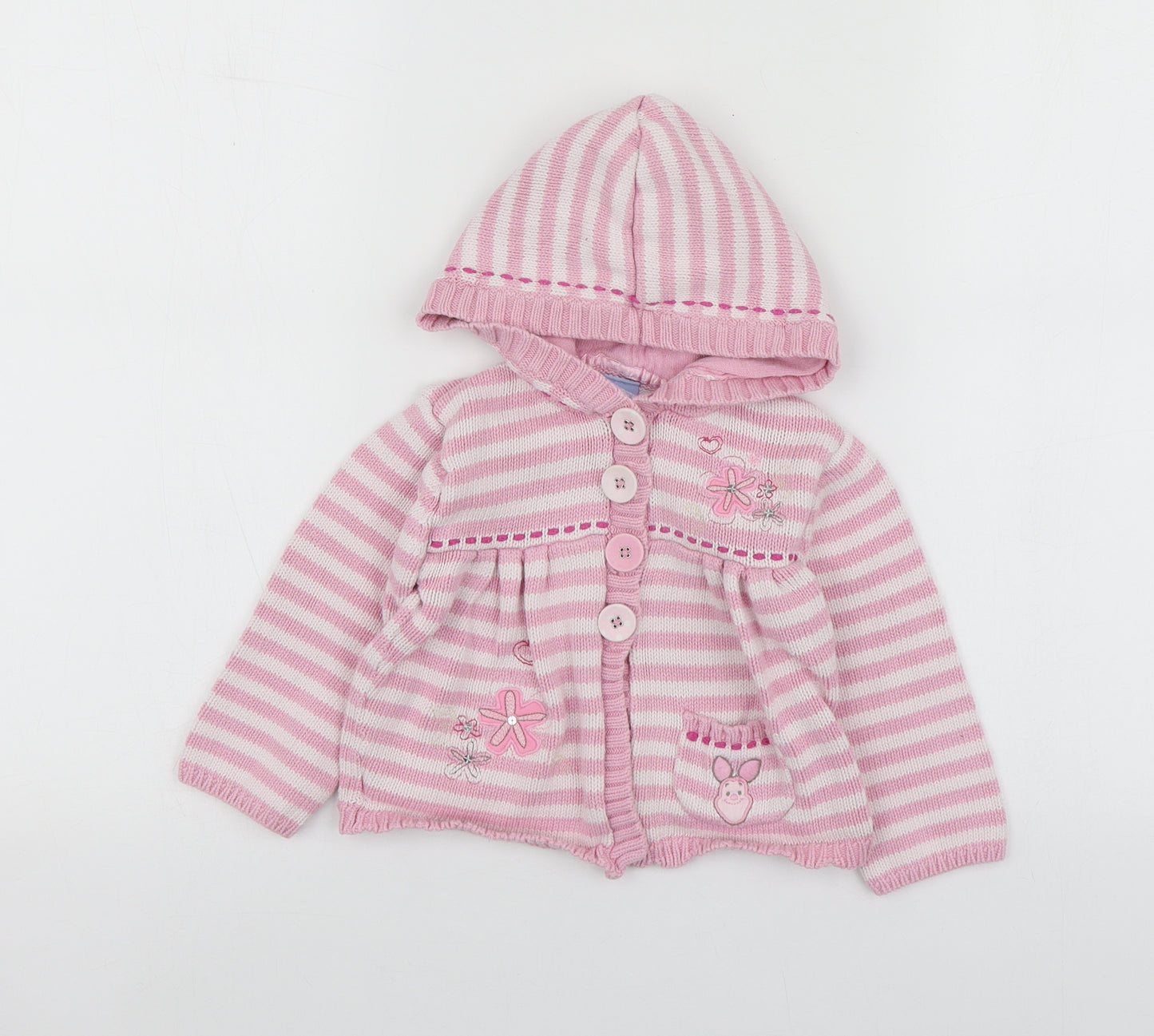 Disney Girls Pink Striped Cotton Cardigan Jumper Size 12-18 Months