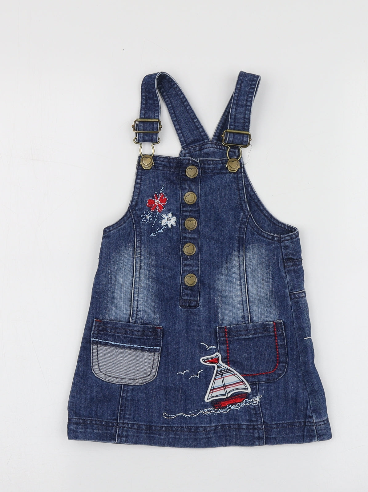 Dunnes Stores Girls Blue Geometric Cotton Pinafore/Dungaree Dress  Size 18-24 Months  Square Neck