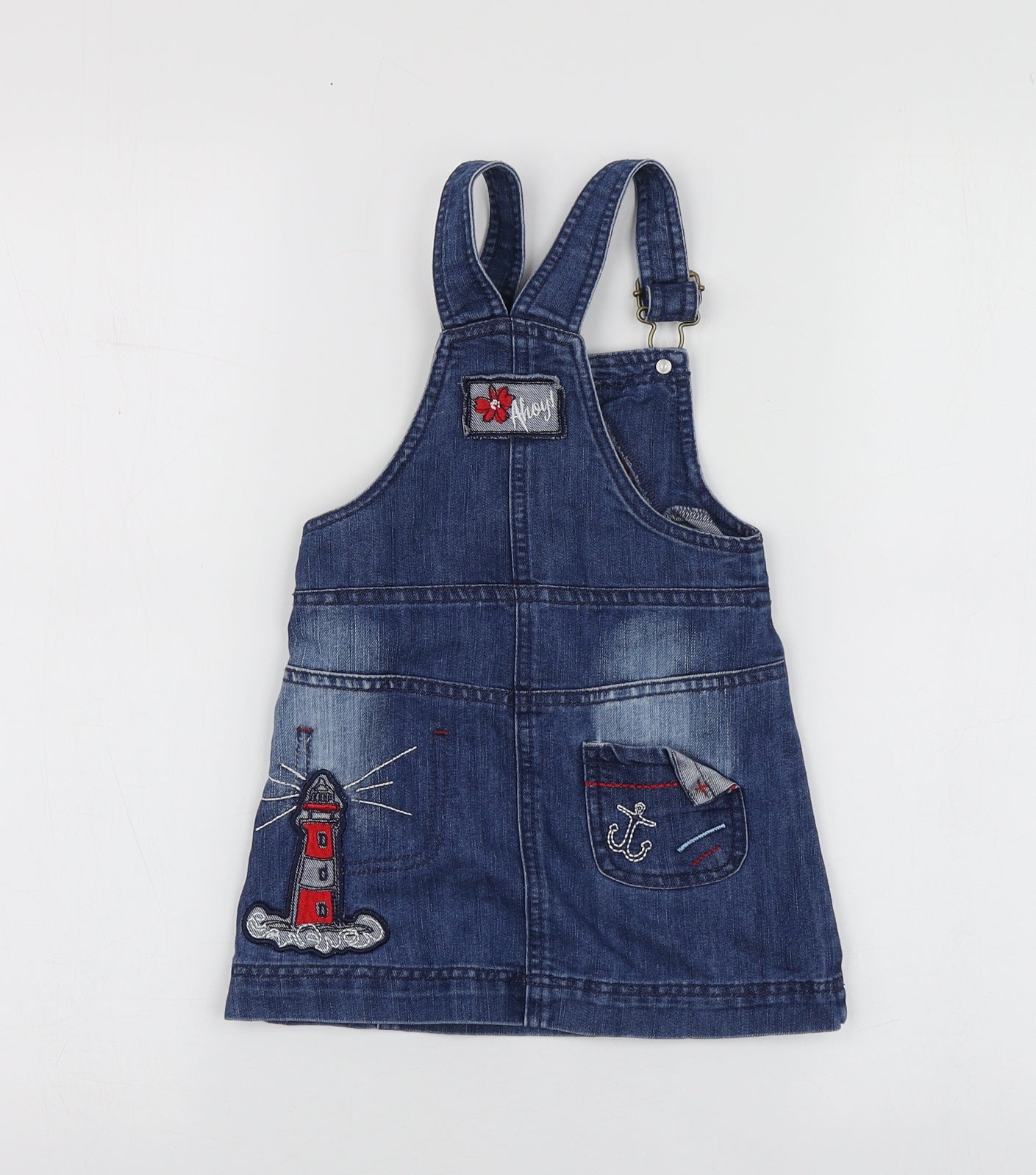 Dunnes Stores Girls Blue Geometric Cotton Pinafore/Dungaree Dress  Size 18-24 Months  Square Neck