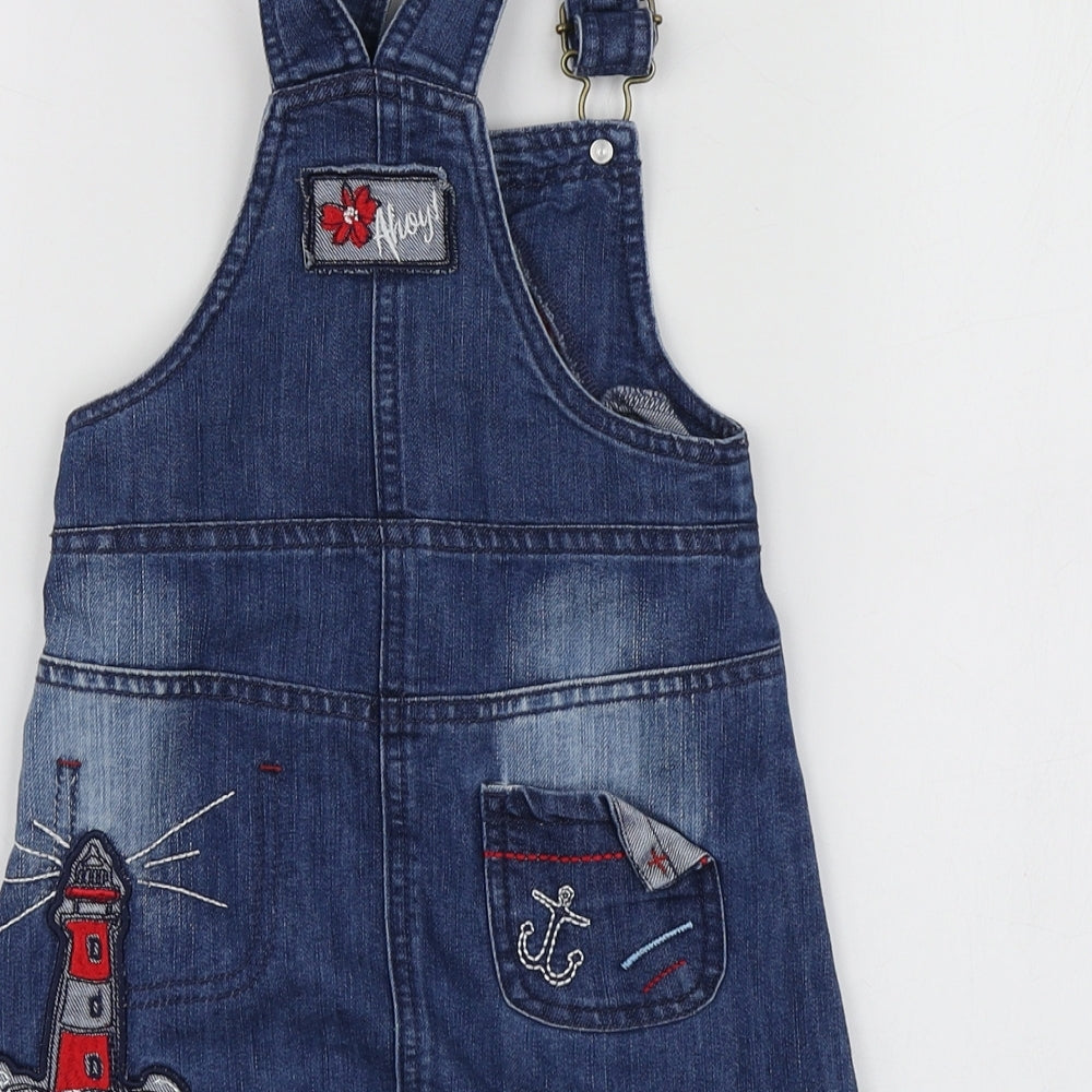 Dunnes Stores Girls Blue Geometric Cotton Pinafore/Dungaree Dress  Size 18-24 Months  Square Neck