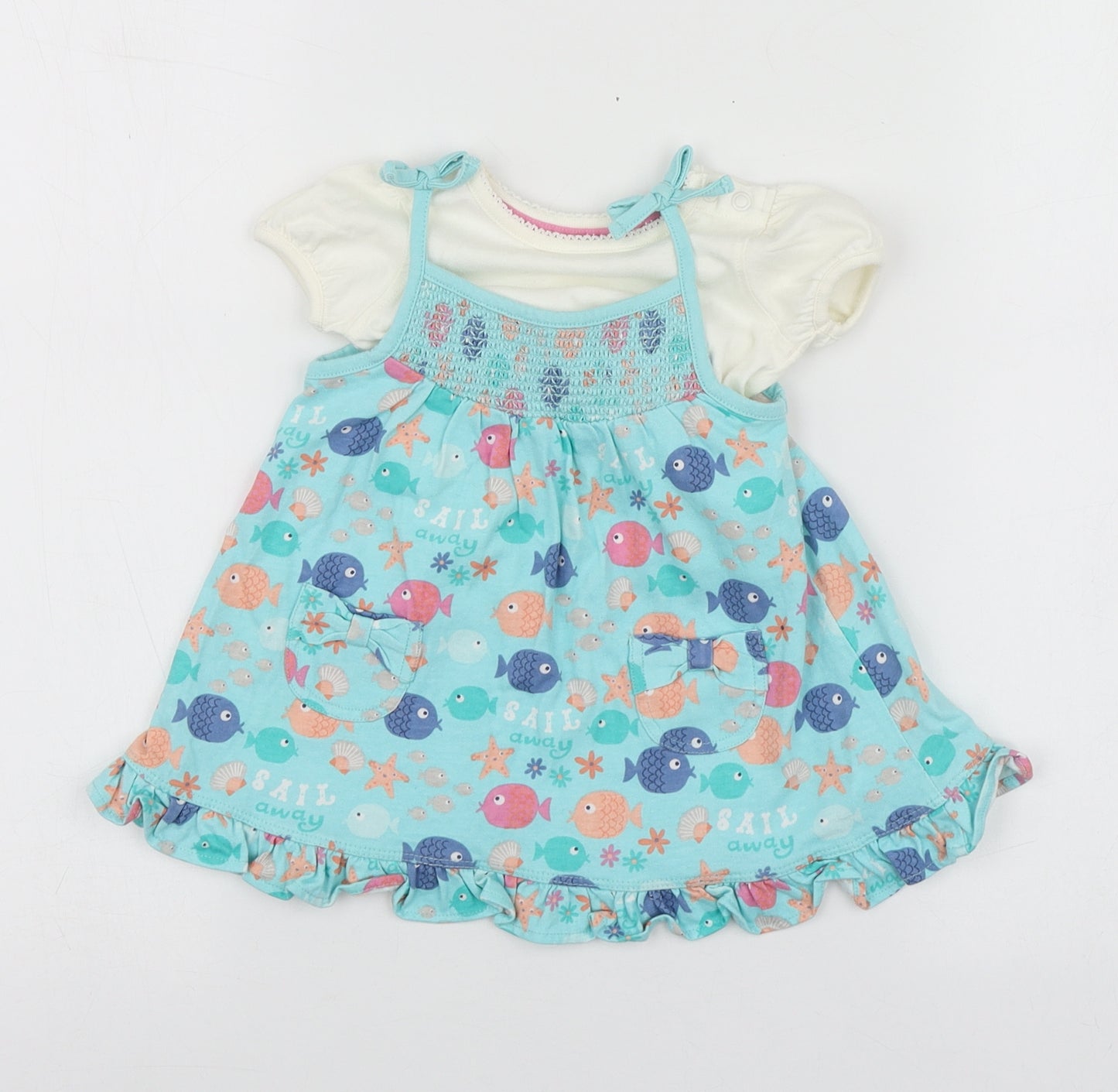 Blue Zoo Girls Blue Geometric Cotton Pinafore/Dungaree Dress  Size 0-3 Months  Round Neck