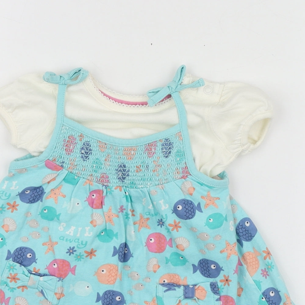 Blue Zoo Girls Blue Geometric Cotton Pinafore/Dungaree Dress  Size 0-3 Months  Round Neck