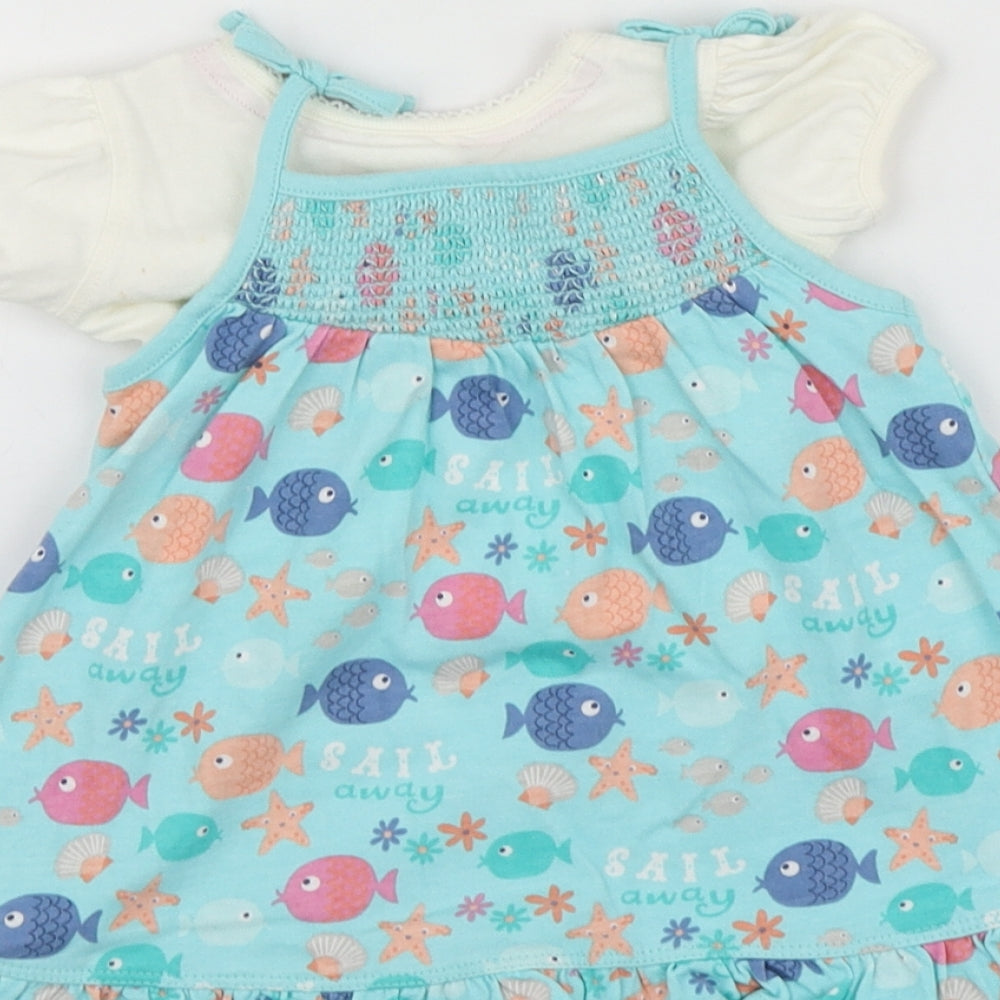 Blue Zoo Girls Blue Geometric Cotton Pinafore/Dungaree Dress  Size 0-3 Months  Round Neck