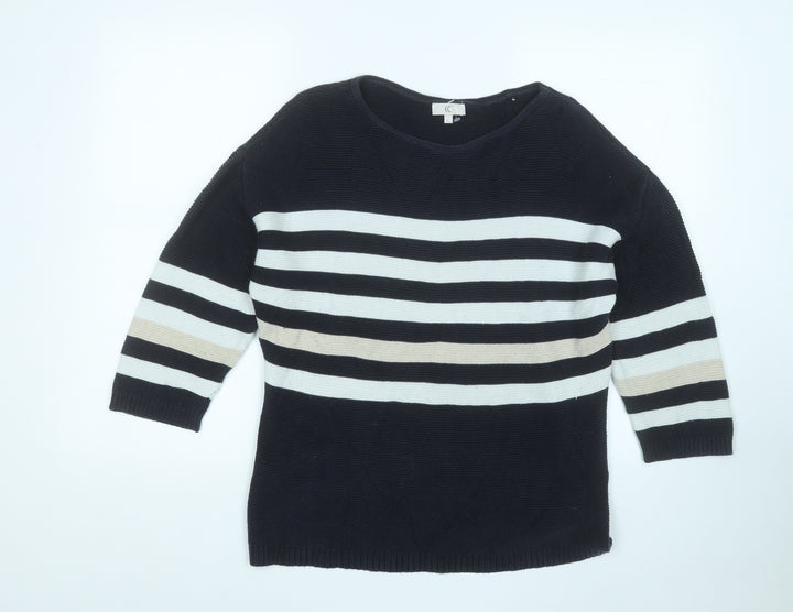 CC Womens Blue Round Neck Striped Cotton Pullover Jumper Size L
