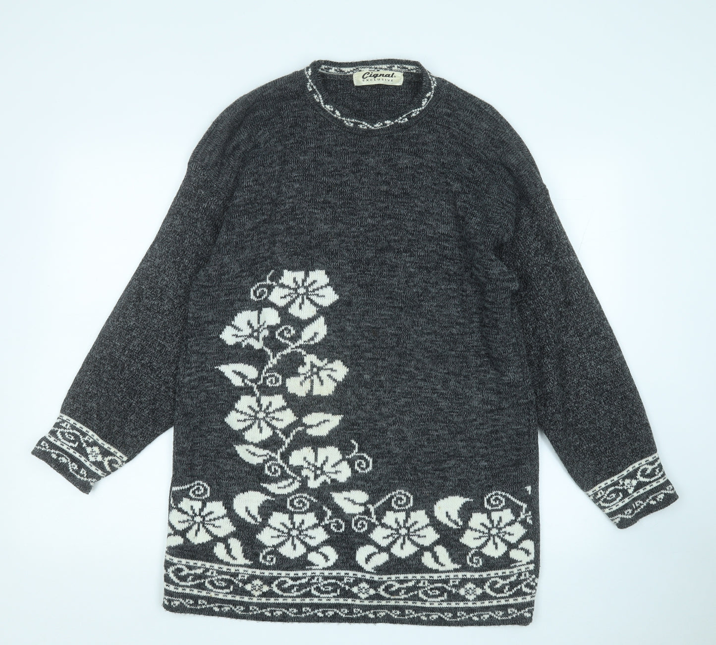 Cignal Womens Grey Round Neck Floral Acrylic Pullover Jumper Size L