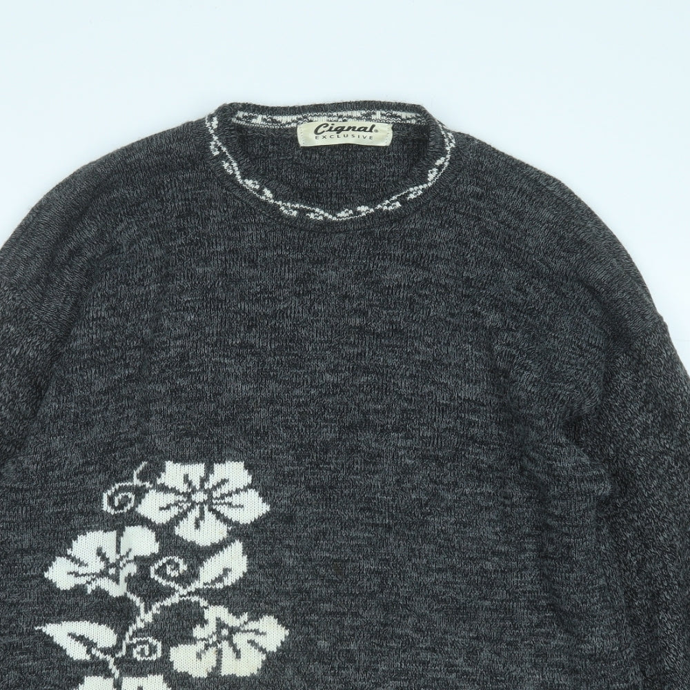 Cignal Womens Grey Round Neck Floral Acrylic Pullover Jumper Size L