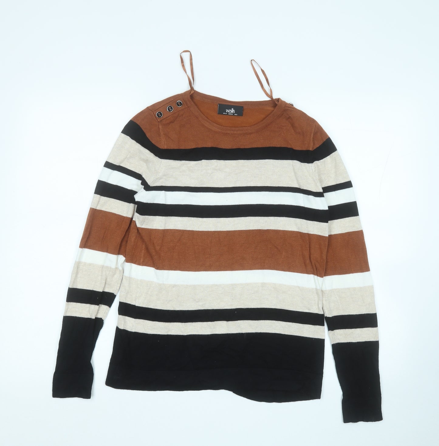 Wallis Womens Brown Round Neck Striped Viscose Pullover Jumper Size 10