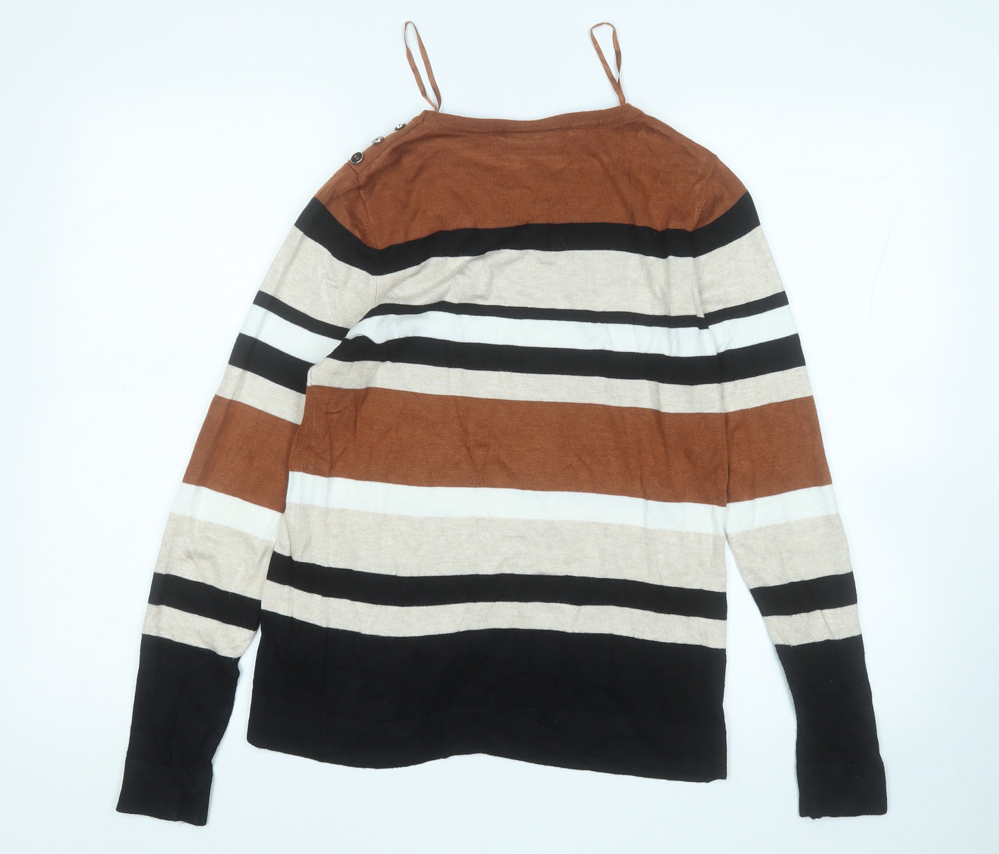 Wallis Womens Brown Round Neck Striped Viscose Pullover Jumper Size 10