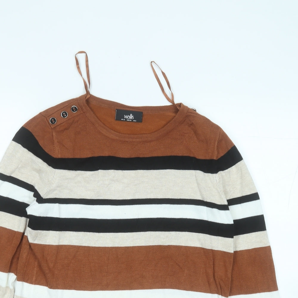 Wallis Womens Brown Round Neck Striped Viscose Pullover Jumper Size 10