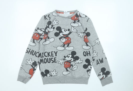Front view of Primark women’s grey geometric cotton pullover sweatshirt, size UK 4, - mickey mouse