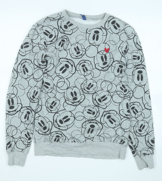 Front view of Divided by H&M women’s grey geometric cotton henley sweatshirt, size XS, - minnie mouse